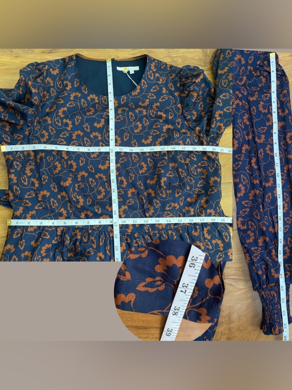 Boden Navy Brown Long Puff Sleeves Tiered Dress Smocked Floral Leaves Cotton 12R - Picture 11 of 12